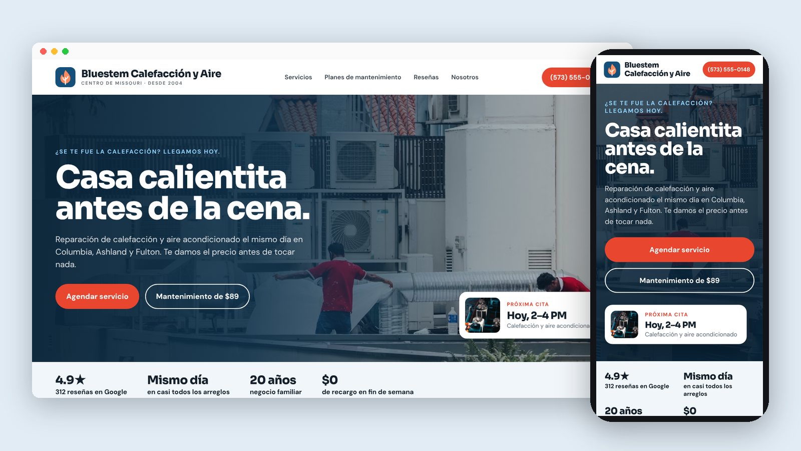 Vista en computadora y en celular de una página de inicio de ejemplo para una compañía de calefacción y aire acondicionado, con un titular de servicio el mismo día y una foto de técnicos trabajando en equipos de aire en una azotea