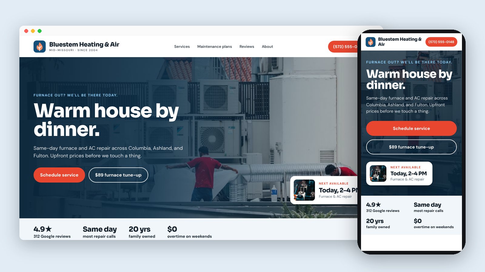 Desktop and phone views of an example homepage for a heating and cooling company, with a same-day service headline and a photo of technicians working on rooftop AC units