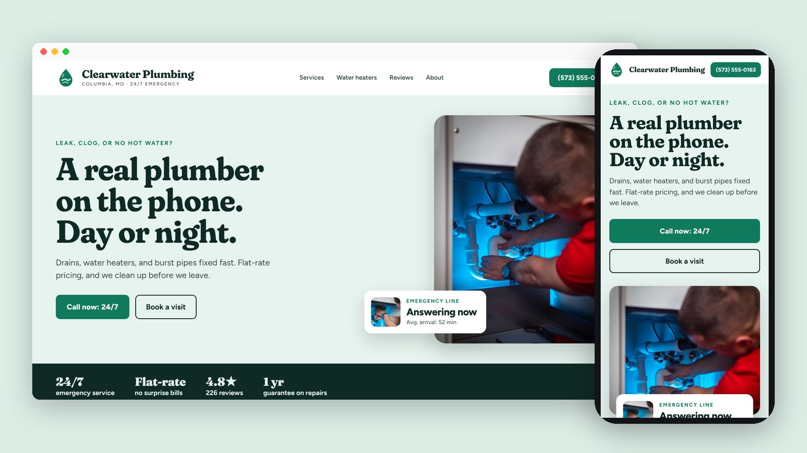 Desktop and phone views of an example homepage for a plumbing company, with a 24/7 emergency line and a photo of a plumber working under a sink