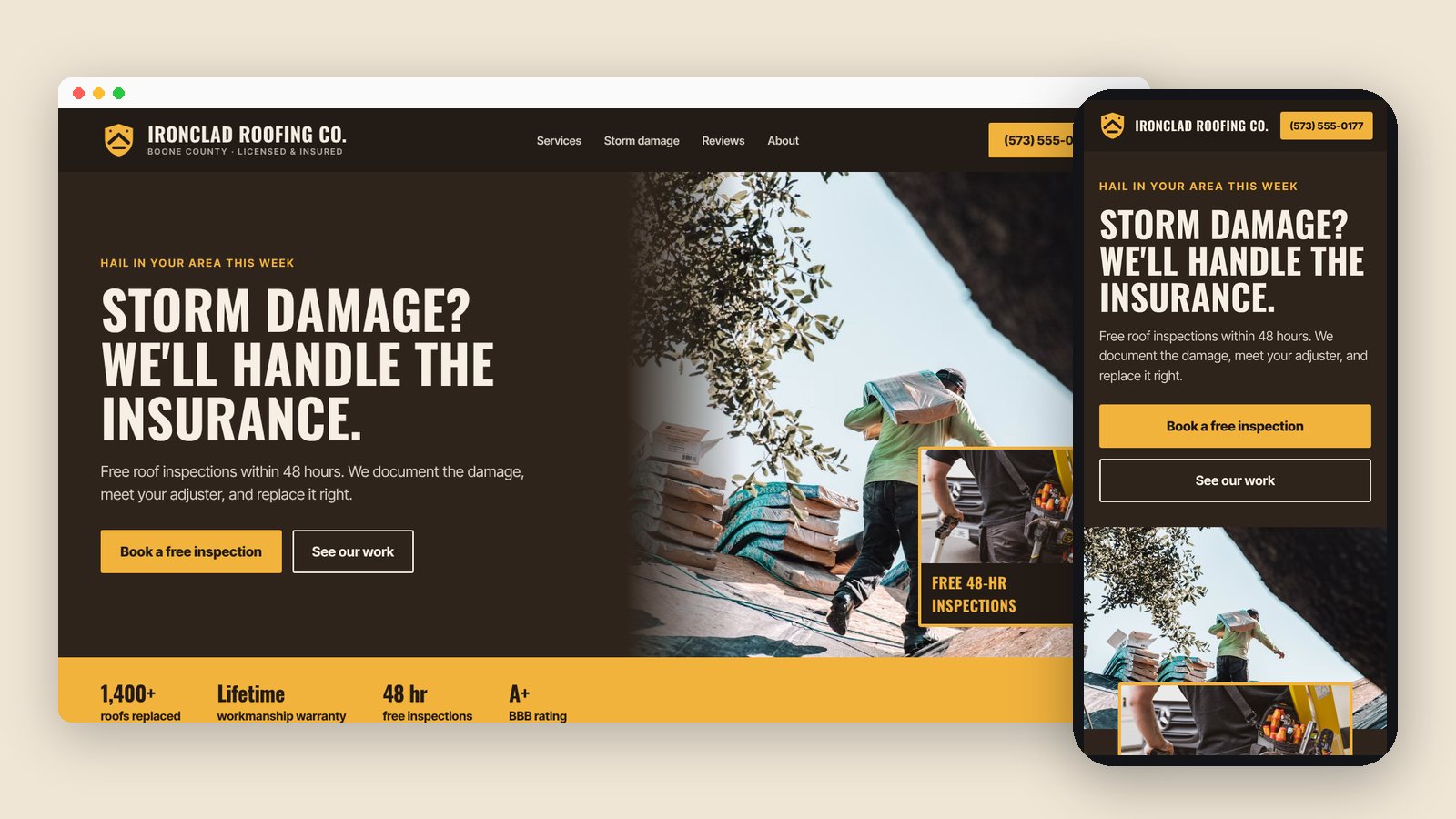 Desktop and phone views of an example homepage for a roofing company, with a storm-damage headline and a photo of a roofer carrying shingles